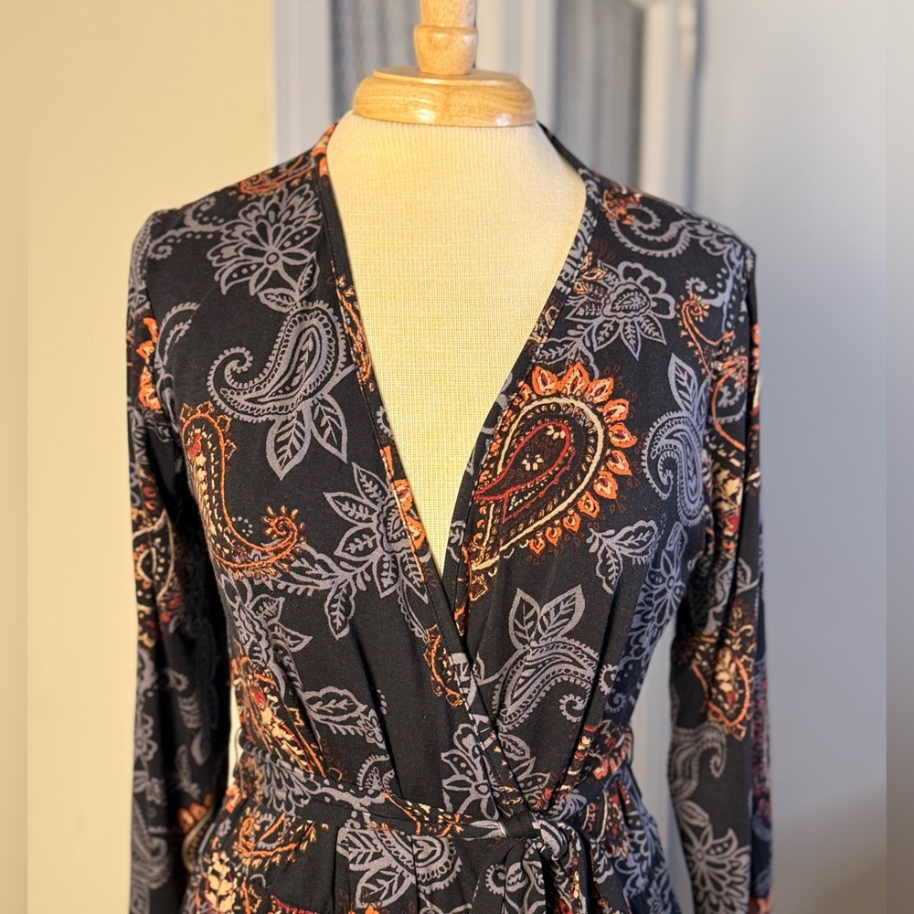 Loveappella Black Boho Paisley Long Sleeve Faux Wrap Dress Women’s Size Large - Picture 7 of 11